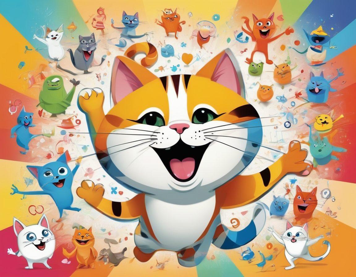 A whimsical collage of amusing website icons and characters, including a laughing cat, dancing cartoon people, and playful animations representing different internet personas, all interconnected by vibrant, colorful lines symbolizing linked experiences. The background should be a fun, abstract pattern that screams laughter and joy. super-realistic. vibrant colors. playful design.