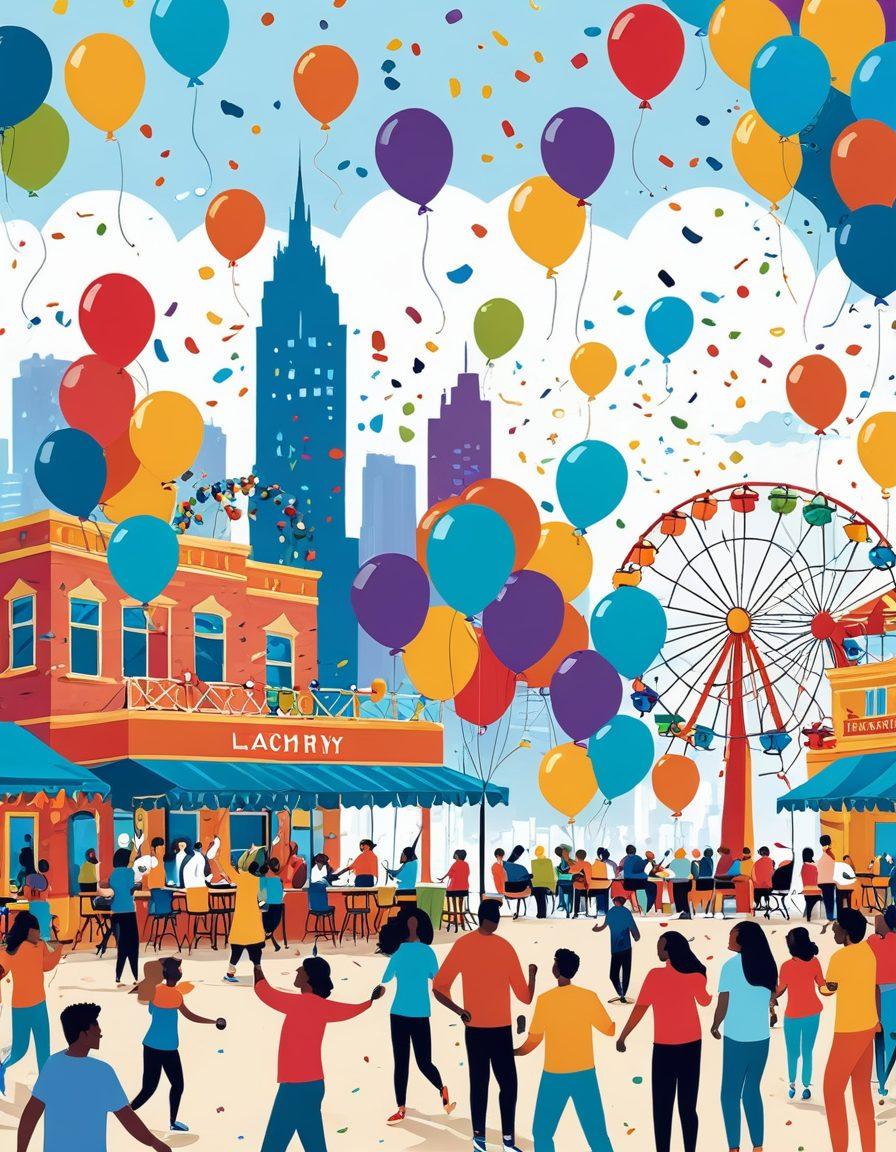 A whimsical illustration of diverse people enjoying various trending activities, such as laughter-filled outdoor games, vibrant amusement parks, and colorful cafes, all set against a backdrop of a bustling city skyline. Bright balloons and confetti fill the air, creating an atmosphere of joy and celebration. The scene radiates an energetic vibe that captures the essence of fun and laughter. vector art. vibrant colors. playful style.