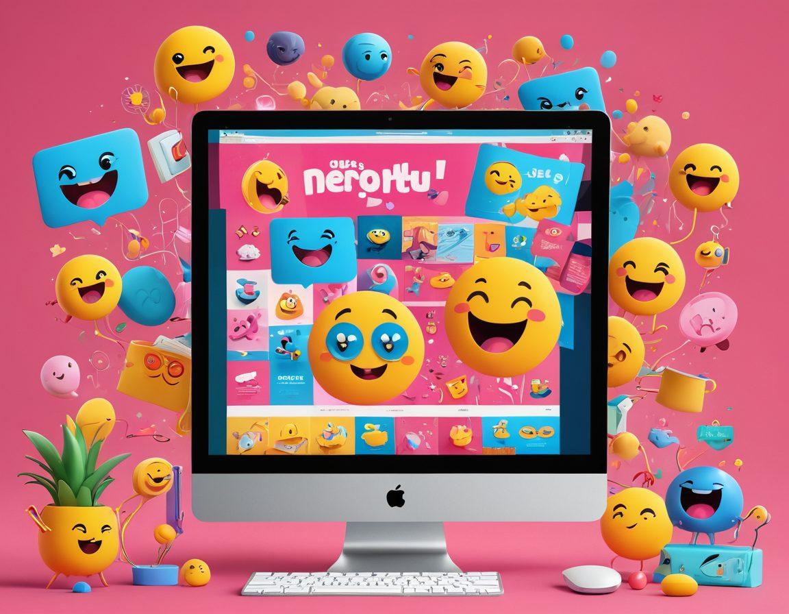 A whimsical collage featuring quirky website designs on computer screens, with joyful cartoon characters engaging with them. Bright and playful color palette with laughing emojis floating around. Incorporate elements of humor like funny memes and animated gifs. Capture a sense of delight and entertainment. vibrant colors. cartoon style. playful atmosphere.